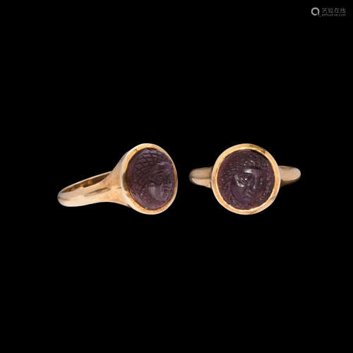 Western Asiatic Sassanian Female Bust Gemstone in Gold Ring