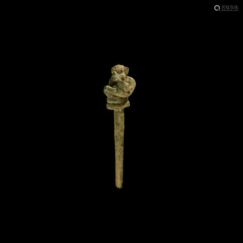 Western Asiatic Pin Finial with Monkey and Baby