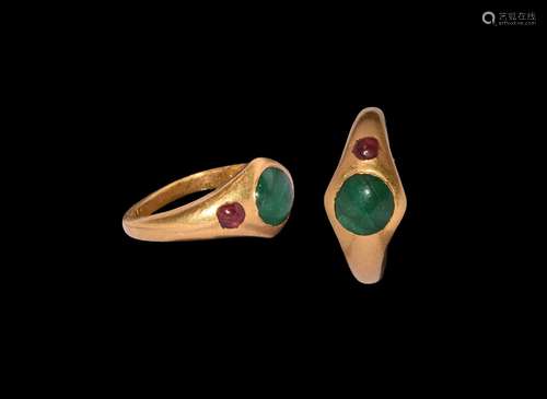 Greek Hellenistic Gold Ring with Emerald and Garnets