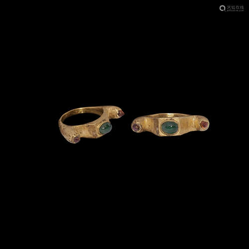 Medieval Gold Turret Ring with Emerald and Garnets