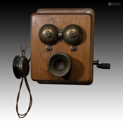 BRASS AND WOOD MOUNTED CRANK PHONE