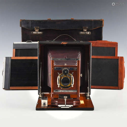 ANTIQUE FOLDING PLATE CAMERA WITH CASE, PLATE HOLDERS