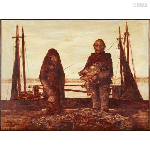 [§] JOHN BELLANY C.B.E., R.A., H.R.S.A. (SCOTTISH 1942-2013)UNLOADING THE CATCH Signed, sepia oil on