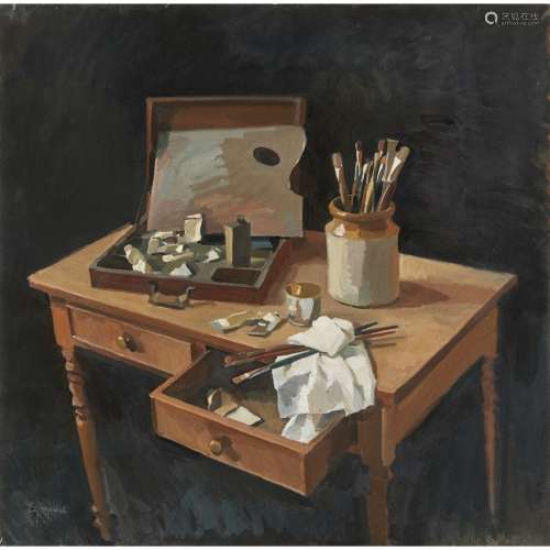 [§] ALEXANDER GOUDIE (SCOTTISH 1922-2004)PALETTE AND PAINT BRUSHES ON A TABLE Signed, oil on