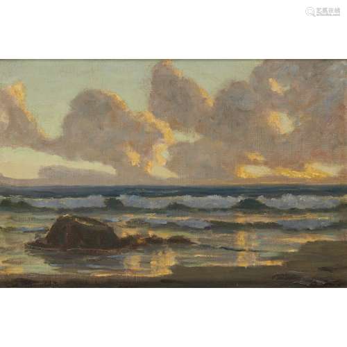 [§] DUNCAN MACGREGOR WHYTE (SCOTTISH 1866-1953)WAVES BREAKING, SUNSET Signed, oil on canvas31cm x
