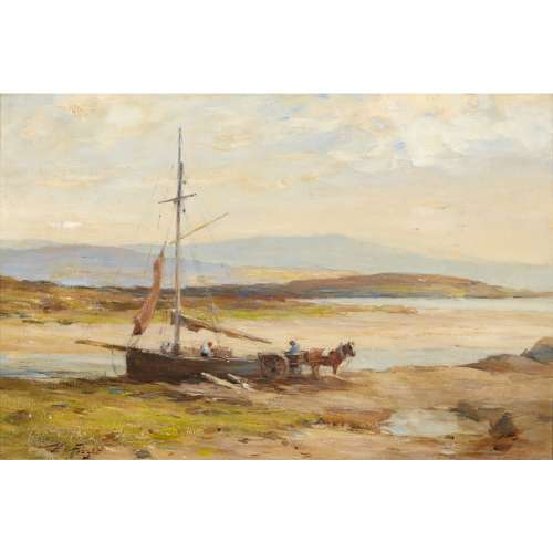 [§] WILLIAM MILLER FRAZER R.S.A. (SCOTTISH 1864-1961)UNLOADING THE CATCH Signed, oil on canvas41cm x