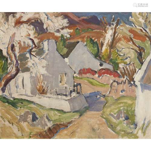 [§] JOHN MACLAUCHLAN MILNE R.S.A. (SCOTTISH 1886-1957)COTTAGES, HIGH CORRIE Oil on board46cm x 53.