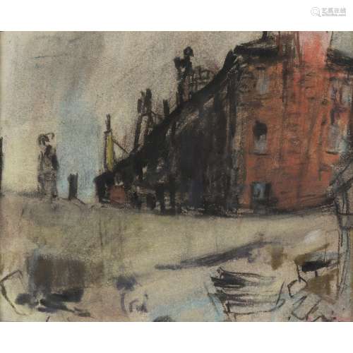 [§] JOAN EARDLEY R.S.A. (SCOTTISH 1921-1963)TENEMENT FROM WASTEGROUND Pastel9cm x 12cm (3.5in x 4.