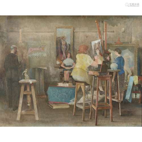 [§] JAMES COWIE R.S.A., L.L.D. (SCOTTISH 1886-1956)STUDIO INTERIOR Signed, oil on canvas71cm x