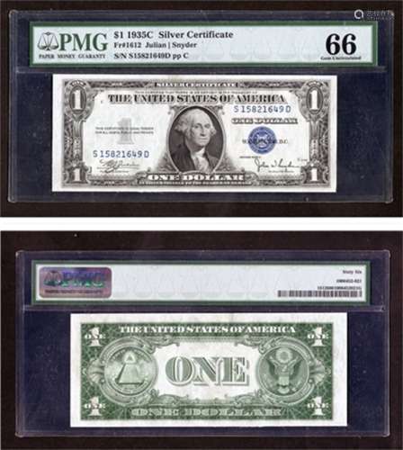 美国1935年发行“一元”纸币。（PMG评级币S15821649D）