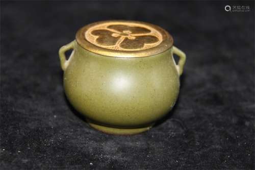 茶绿釉“鎏金盖，小香炉”