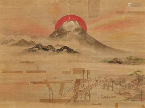 Kano Yûshin (?-1820)Hängerolle. Passanten auf einer Brücke, auf dem Fluß Lastenkähne und