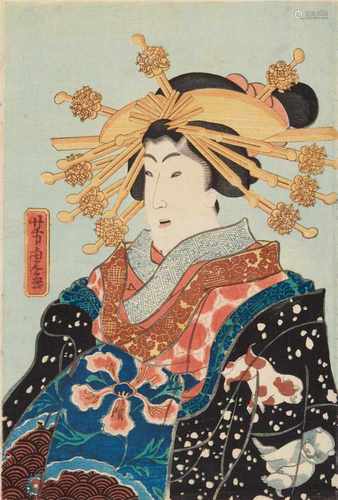 Utagawa Yoshitora (1836-1882)Two ôban, kakemono-e. A courtesan wearing a kimono decorated with