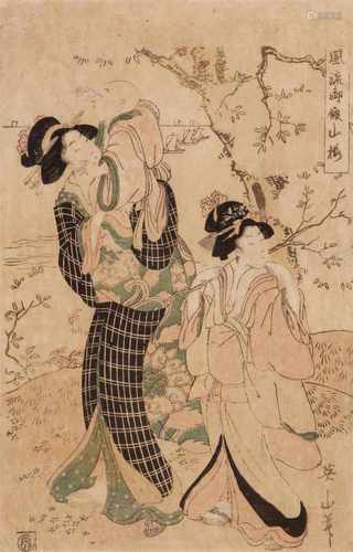 Kikugawa Eizan (1787-1867)Ôban. Series: Fûzoku Gotenyama sakura. Two women on a riverbank beneath