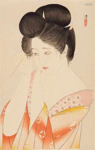 Koboyakawa Kiyoshi (1896-1948)Ôban tate-e. 25.9 x 40.5 cm. Title: Kamiyui. Young woman dressing