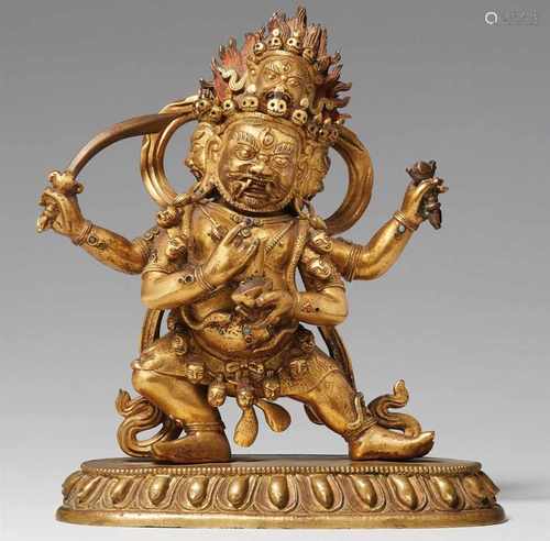 Ausdrucksstarke Figur des Chaturmukha Mahakala. Feuervergoldete Bronze. Sinotibetsch. 18./19. Jh.Der