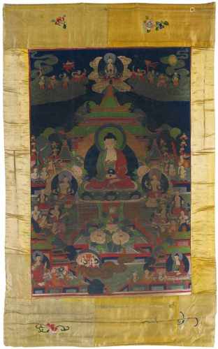 Thangka des Buddha Amitabha in seinem Paradies. Tibet. Spätes 19./frühes 20. Jh.Amitabha, das