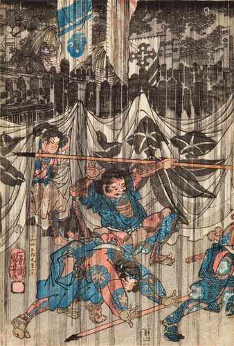 Utagawa Kuniyoshi (1797-1861)Ôban triptych. Title: Fuji no Suso-no Soga kyôdai honmo wo togeru