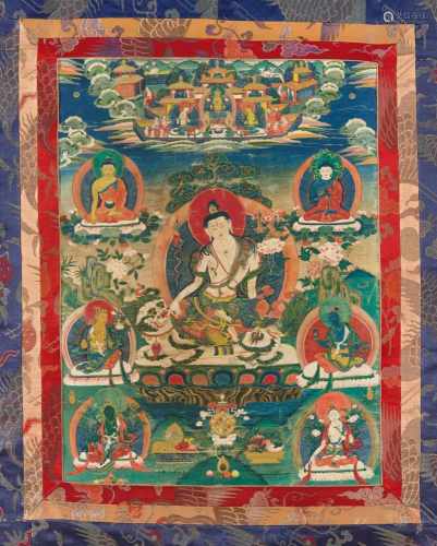 Thangka des Simhanada Avalokiteshvara. Tibet. Frühes 20. Jh.Rittlings auf einem Schneelöwen sitzend,