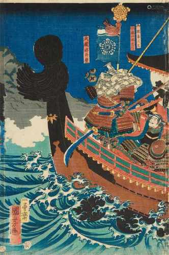 Utagawa Kuniyoshi (1797-1861)Ôban triptych. Title: Yoshitsune jûku shin. The nineteen retainers of