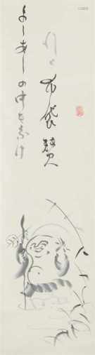 Awakawa Kôichi (1902-1976)Hängerolle. Hotei im Schilf. Haiku-Aufschrift: Yoshi ashi no naka o wake