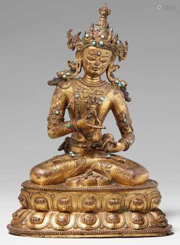 Prächtige Figur des Vajrasattva. Feuervergoldete Bronze. Tibet. 17. Jh.Das Diamantwesen, tib.