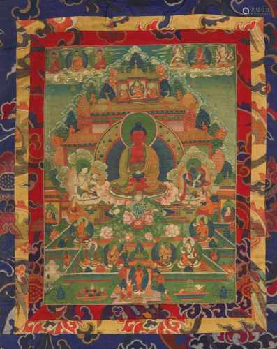Thangka des Amitabha-Paradieses. Tibet. Frühes 20. Jh.Amitabha thront vor dem Golddachtempel des