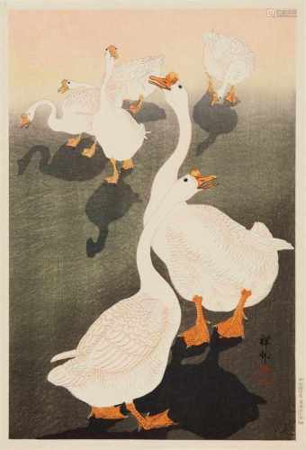 Ohara Shôson (1877-1945)Ôban. Six geese. Signature: Shôson. Seal: Shôson. Published by Watanabe