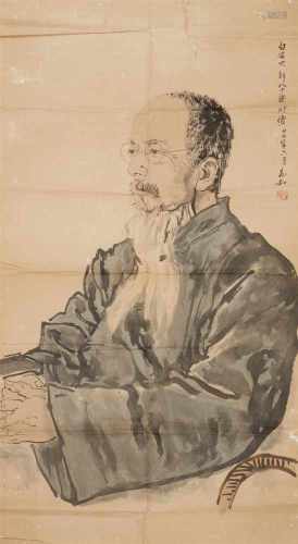 Jiang ZhaohePortrait des 80-jährigen Qi Baishi. Tusche und wenige Farben auf Papier. Aufschrift,