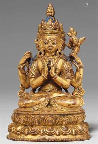 Shadakshari Avalokiteshvara. Feuervergoldete Bronze. Tibet. 17./18. Jh.Der königlich geschmückte,