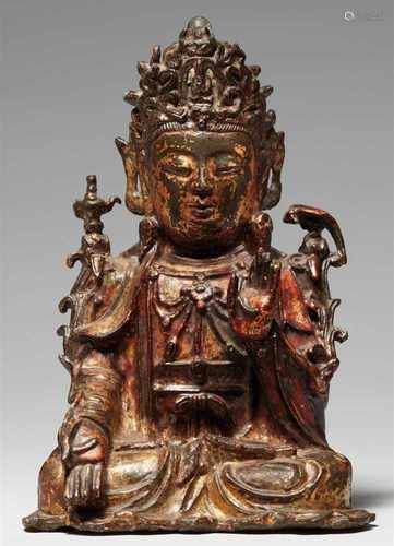 Bodhisattva Guanyin. Bronze mit vergoldeter Lackfassung. Ming-Zeit, 17. Jh.Im Meditationssitz, die