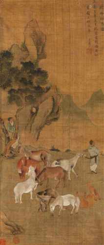 Nach Zhao Mengfu . Qing-ZeitPferde im Stil des Han Gan. Hängerolle. Tusche und Farben auf Seide.