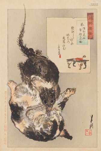 Ogata Gekkô (1859-1920)Two ôban. a) Series: Gekkô zuihitsu. Rat and cat in Jôryûji Temple. Signed: