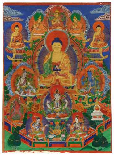 Thangka des Amitabha-Paradieses. Frühes 20. Jh.Der Buddha des ewigen Lichtes thront in seinem