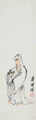 Qi Baishi, in der ArtGuanyin in weißer Robe. Hängerolle. Tusche und wenig Farbe auf Papier.