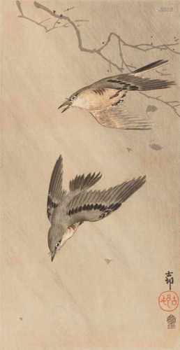 Ohara Koson (1877-1945) and Kobayashi Kiyochika (1847-1915)a) Ô-tanzaku. Two songbirds in the