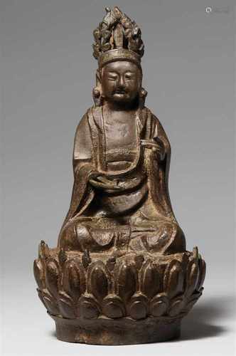 Bodhisattva Guanyin. Bronze. Ming-ZeitIm Meditationssitz auf einem großen Lotos, die beiden