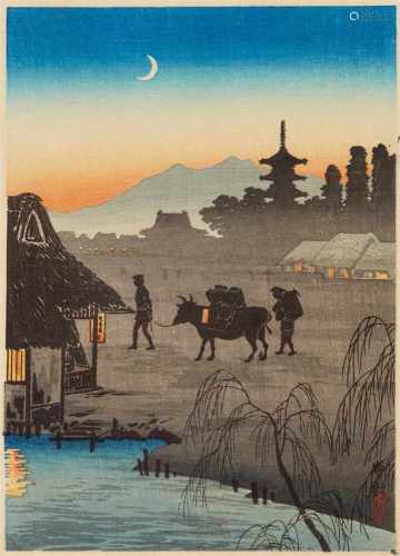 Takahashi Hiroaki (Shôtei) (1871-1944)Chûban. Kison, return to the village in the evening. Seal: