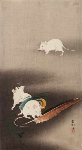 Ohara Shôson (1877-1945)Ôtanzaku. Three white mice nibbling at a feather. Signed: Koson. Seal: