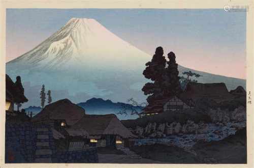 Takahashi Hiroaki (Shôtei) (1871-1944)Ôban-yokoe. Title: Mizukubo. Fuji seen from Mizukubo. Seal: