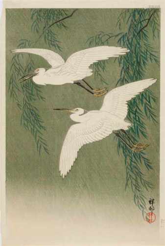 Ohara Shôson (1877-1945)Ôban. White herons and willow. Signed: Shôson. Seal: Shôson. Published by