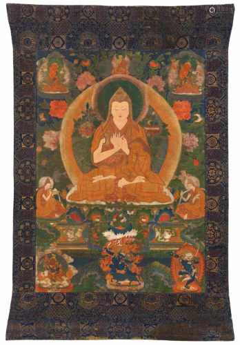 Thangka des Tsongkhapa. Sinotibetisch. 18./19. Jh.Tsongkhapa sitzt auf einem Löwenthron, die Hände