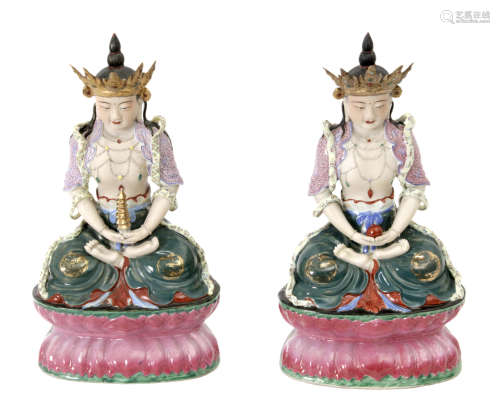 Pair of Chinese Buddha figures in polychromed porcelain circa 1950