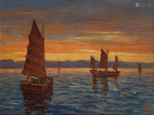 余本（1905～1995） 渔船 木板油画