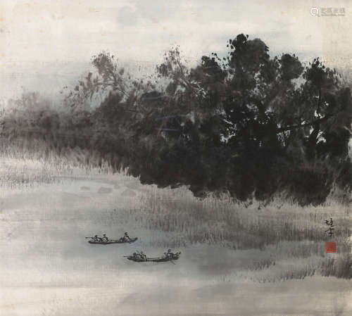 黎雄才（1910～2001） 划着小船去战斗 镜片 设色纸本