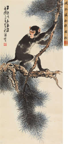 周北溪 壬戌（1982）年作 松猴图 立轴 设色纸本