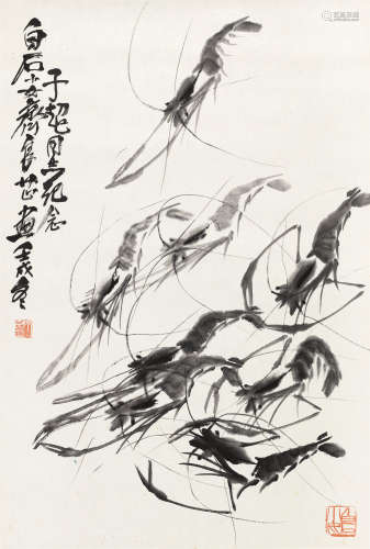 齐良芷 壬戌（1982）年作 虾趣图 镜片 水墨纸本
