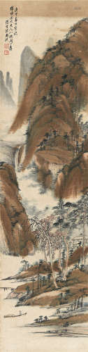 陈国琪 庚午（1930）年作 溪桥归舟 立轴 设色纸本