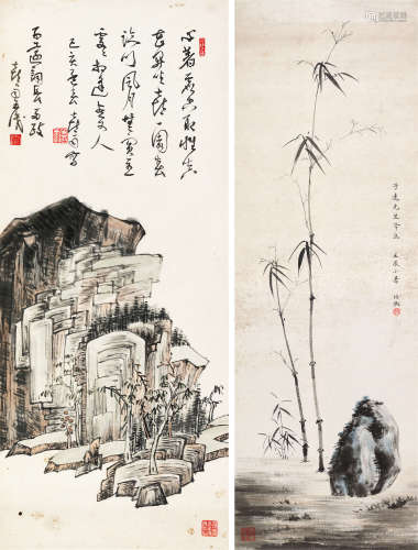 莫培樾喜雨 壬辰（1952）年作；己亥（1959）年作 赠子远竹石图 枯木叠石图 镜片、立轴 设色纸本