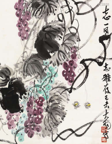 陈大羽 己未（1979）年作 葡萄蜜蜂 镜片 设色纸本